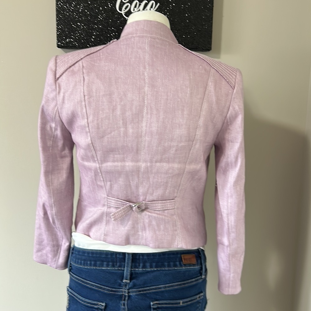 White House Black Market Bracelet Sleeve Linen Moto Jacket Purple Sz 00 - Picture 8 of 13